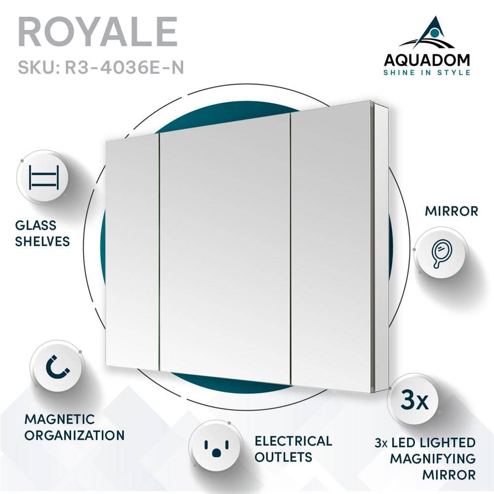 Aquadom Royale 40 in W x 36 in. H Rectangular Tri-View Medicine Cabinet with Mirror Defogger and 3X Removeable Magnifying Mirror
