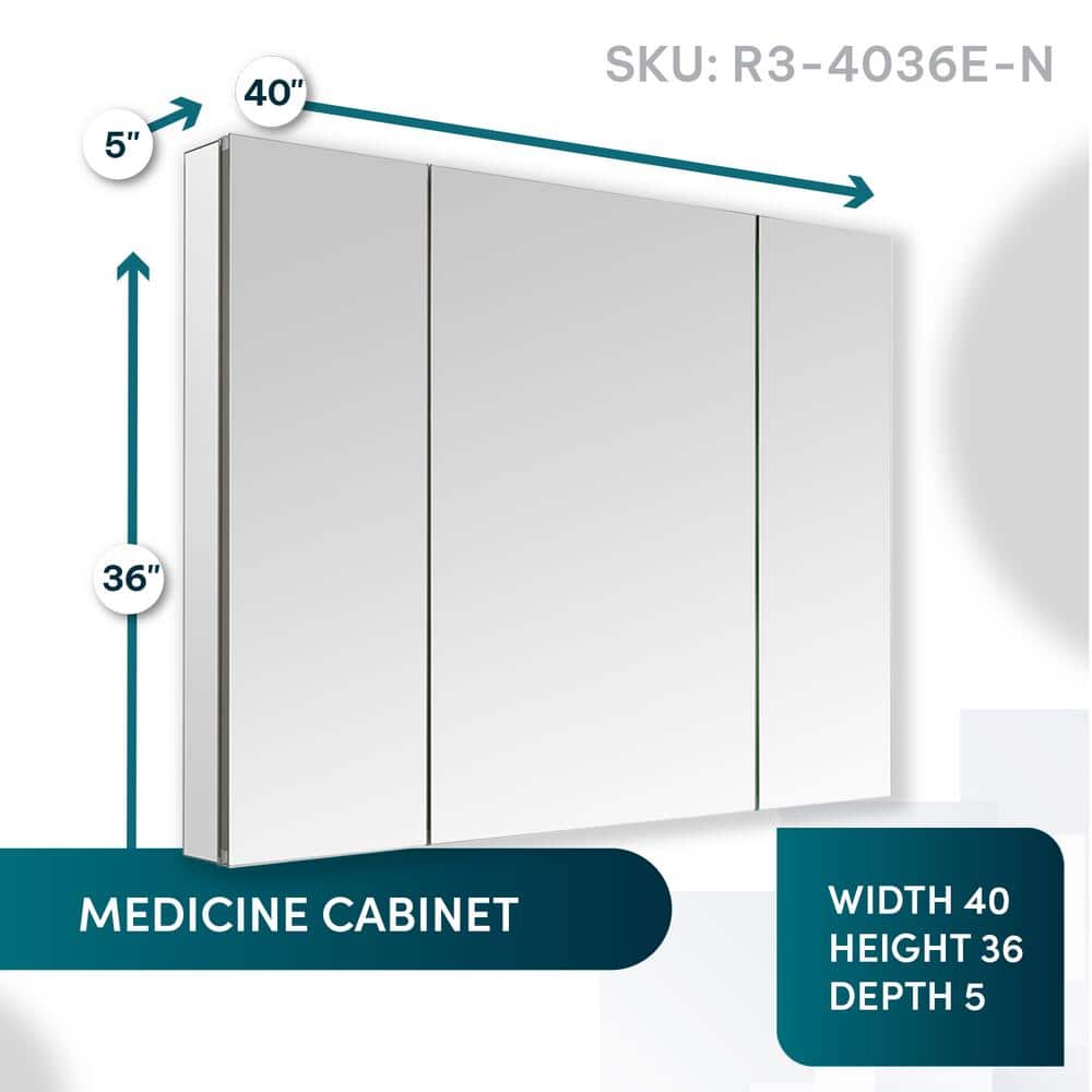 Aquadom Royale 40 in W x 36 in. H Rectangular Tri-View Medicine Cabinet with Mirror Defogger and 3X Removeable Magnifying Mirror