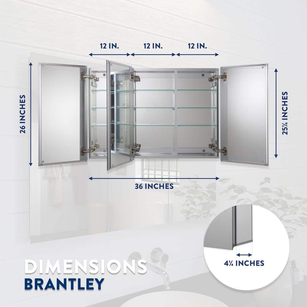 Croydex Brantley 36 in. W x 26 in. H Triple Door Silver Aluminum Recessed/Surface Mount Medicine Cabinet with Mirror