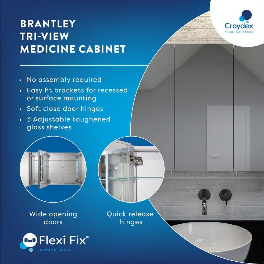 Croydex Brantley 36 in. W x 26 in. H Triple Door Silver Aluminum Recessed/Surface Mount Medicine Cabinet with Mirror
