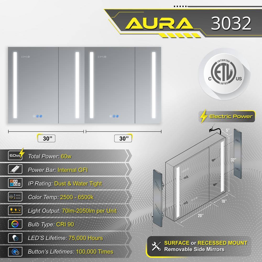 DECADOM AURA 30 in.W x 30 in.H LED Medicine Cabinet Recessed Surface Clock Dimmer Defogger Cosmetic Mirror Outlet USB