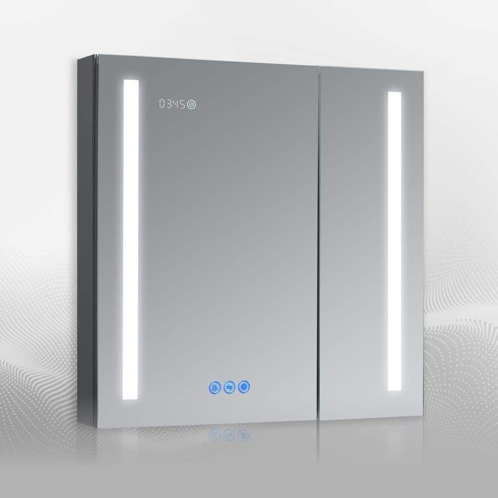DECADOM AURA 30 in.W x 30 in.H LED Medicine Cabinet Recessed Surface Clock Dimmer Defogger Cosmetic Mirror Outlet USB
