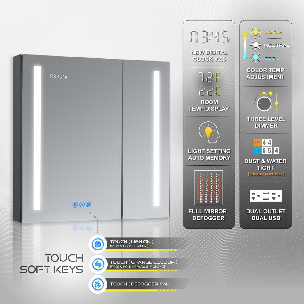 DECADOM AURA 30 in.W x 30 in.H LED Medicine Cabinet Recessed Surface Clock Dimmer Defogger Cosmetic Mirror Outlet USB