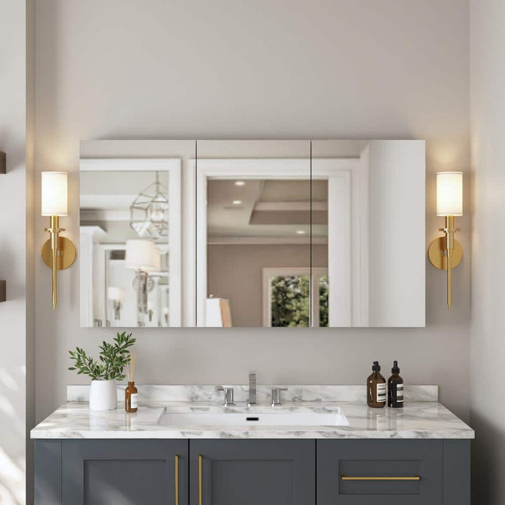 DEERVALLEY 48 in. W x 26 in. H Rectangular Aluminum Frameless Surface Mount Bathroom 3-Doors Medicine Cabinet with Mirror