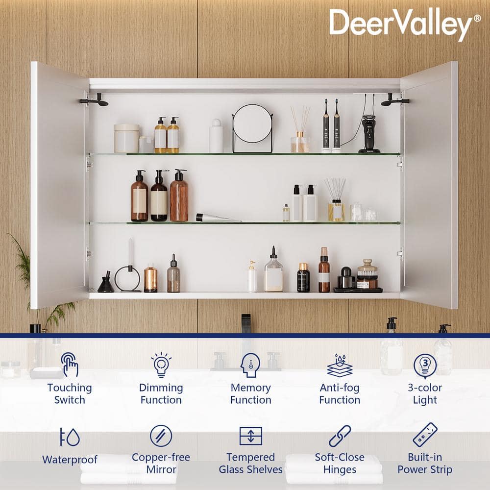 DEERVALLEY 48 in. W x 32 in. H Rectangular Silver Aluminum Surface LED Light Medicine Cabinet with Mirror, Anti-Fog, Double Doors