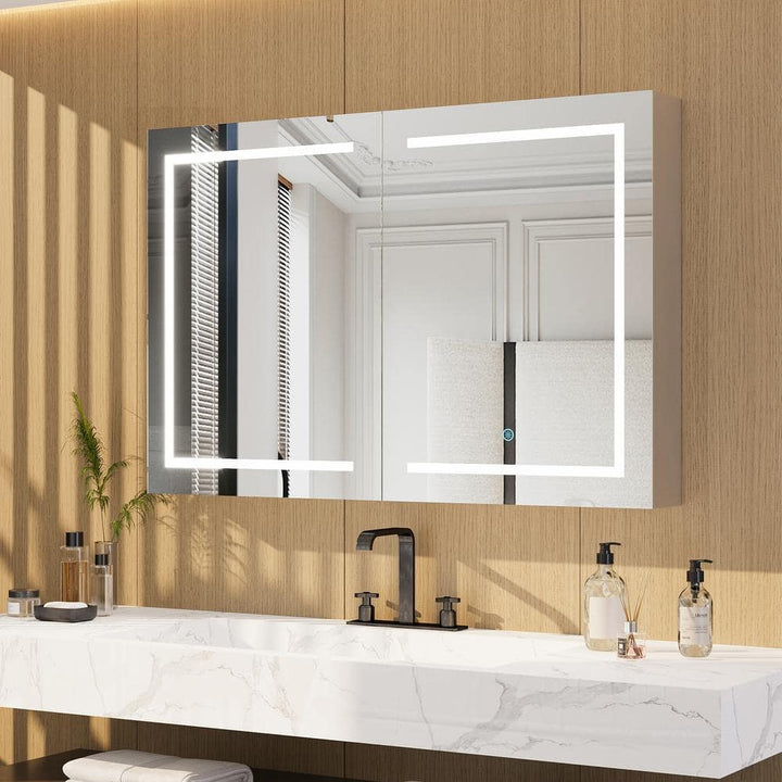 DEERVALLEY 48 in. W x 32 in. H Rectangular Silver Aluminum Surface LED Light Medicine Cabinet with Mirror, Anti-Fog, Double Doors