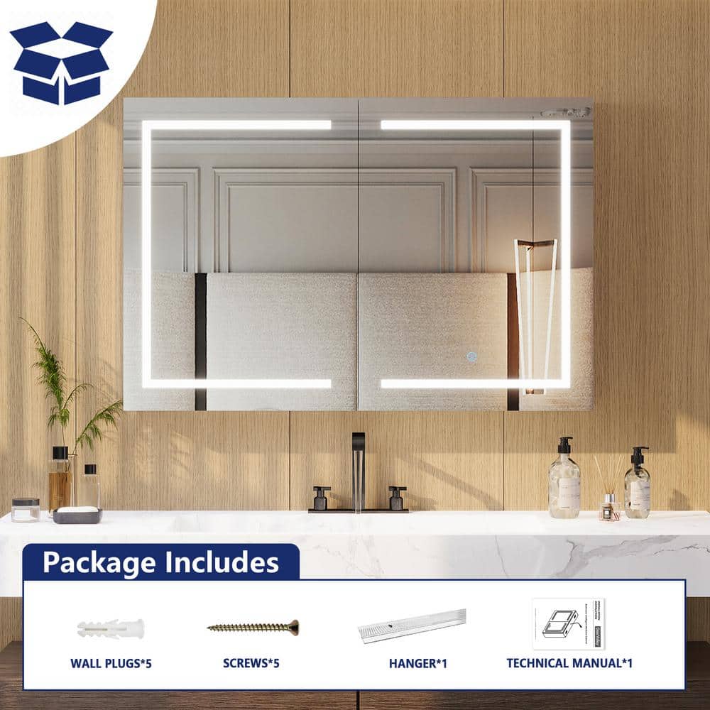 DEERVALLEY 48 in. W x 32 in. H Rectangular Silver Aluminum Surface LED Light Medicine Cabinet with Mirror, Anti-Fog, Double Doors
