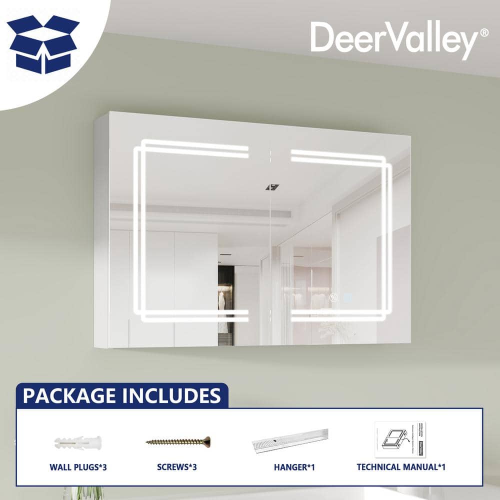 DEERVALLEY 36 in. W x 24 in. H Rectangular Silver Aluminum Surface LED Light Medicine Cabinet with Mirror, Defog, Bluetooth Speaker