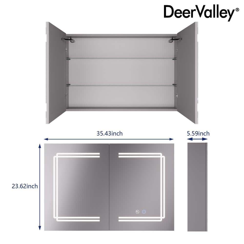 DEERVALLEY 36 in. W x 24 in. H Rectangular Silver Aluminum Surface LED Light Medicine Cabinet with Mirror, Defog, Bluetooth Speaker