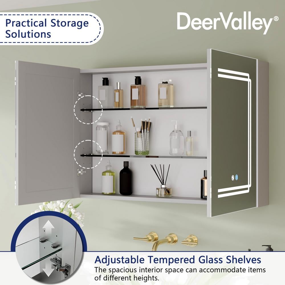 DEERVALLEY 36 in. W x 24 in. H Rectangular Silver Aluminum Surface LED Light Medicine Cabinet with Mirror, Defog, Bluetooth Speaker