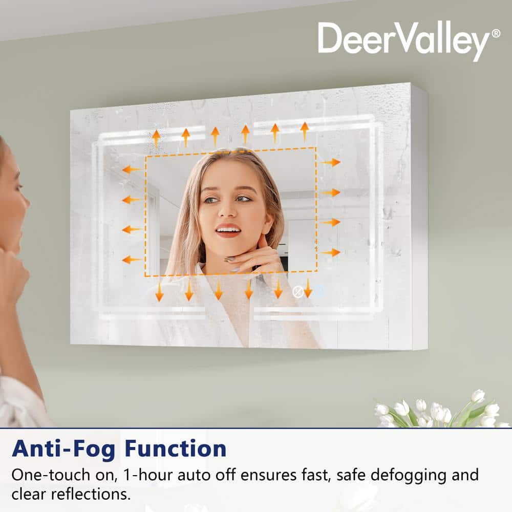DEERVALLEY 36 in. W x 24 in. H Rectangular Silver Aluminum Surface LED Light Medicine Cabinet with Mirror, Defog, Bluetooth Speaker