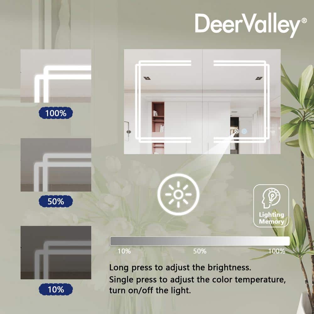 DEERVALLEY 36 in. W x 24 in. H Rectangular Silver Aluminum Surface LED Light Medicine Cabinet with Mirror, Defog, Bluetooth Speaker