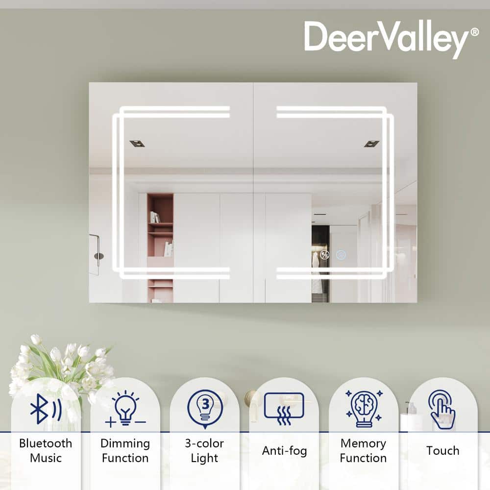 DEERVALLEY 36 in. W x 24 in. H Rectangular Silver Aluminum Surface LED Light Medicine Cabinet with Mirror, Defog, Bluetooth Speaker