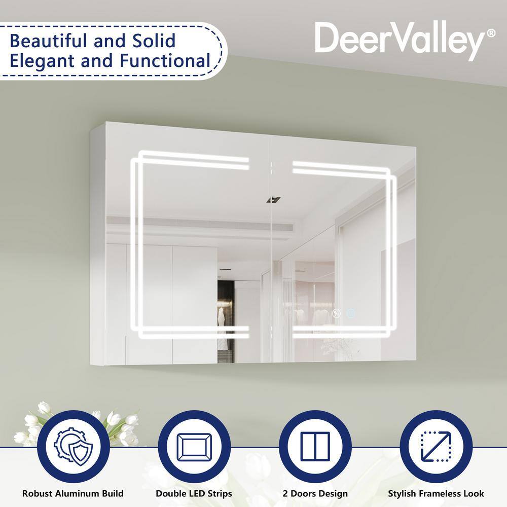 DEERVALLEY 36 in. W x 24 in. H Rectangular Silver Aluminum Surface LED Light Medicine Cabinet with Mirror, Defog, Bluetooth Speaker