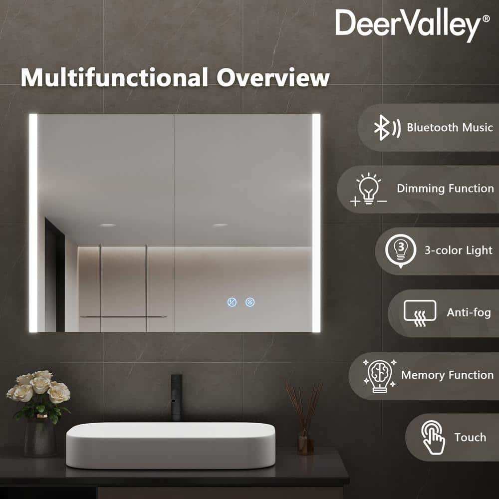 DEERVALLEY 32 in. W x 24 in. H Rectangular Wall Mounted LED Light Medicine Cabinet with Mirror, Anti-Fog, Double Doors