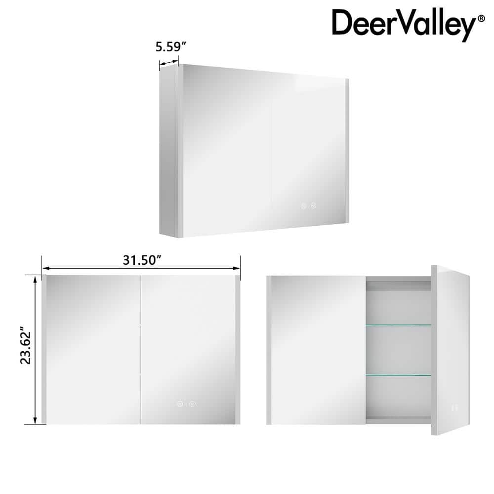 DEERVALLEY 32 in. W x 24 in. H Rectangular Wall Mounted LED Light Medicine Cabinet with Mirror, Anti-Fog, Double Doors