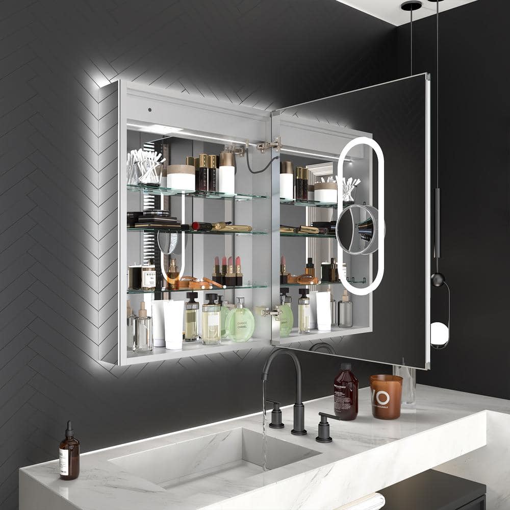 ExBrite Deluxe 24 in. W x 32 in. H Rectangular Recessed/Surface Mount Right Medicine Cabinet with Mirror, Backlit & Front Light