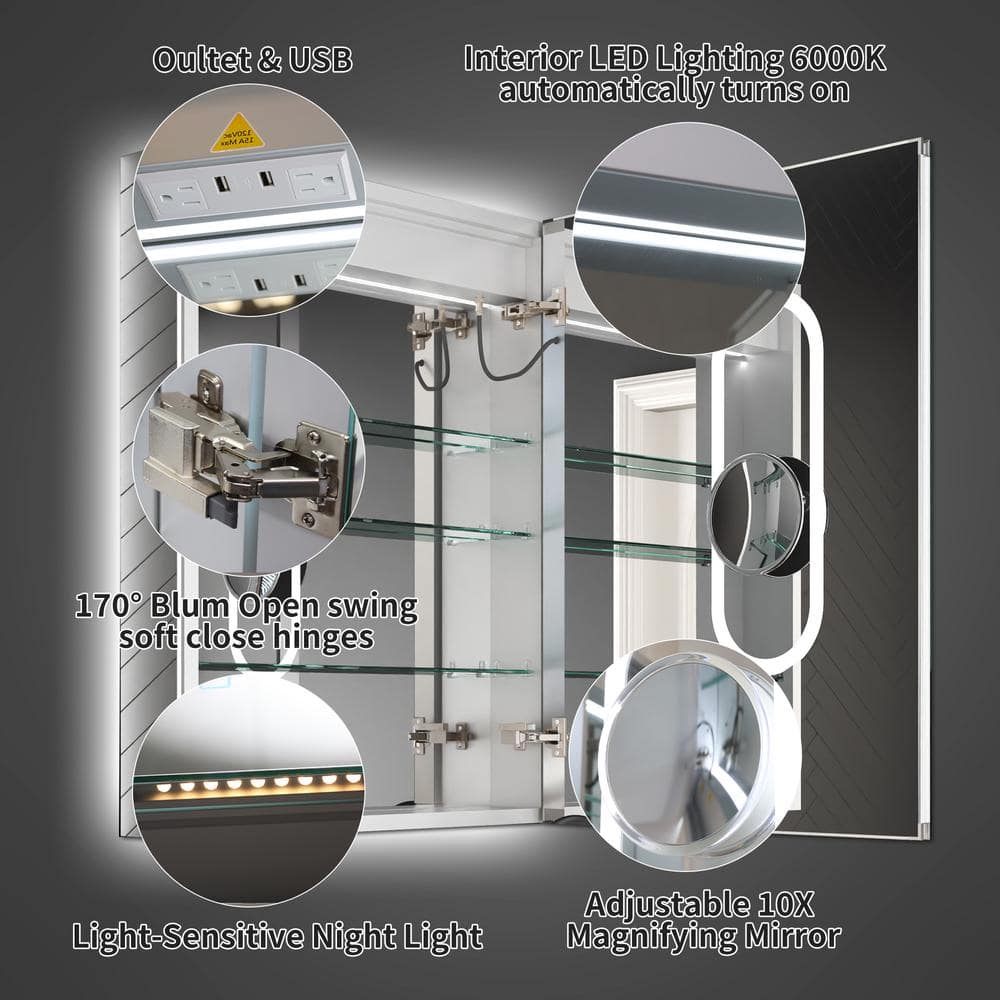 ExBrite Deluxe 24 in. W x 32 in. H Rectangular Recessed/Surface Mount Right Medicine Cabinet with Mirror, Backlit & Front Light