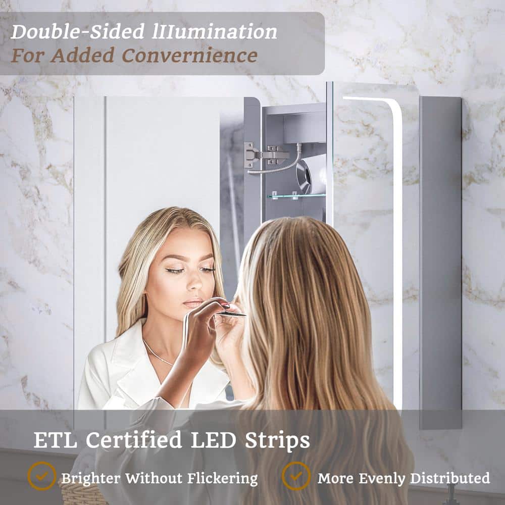 ExBrite Vogue 30 in. W x 32 in. H, Rectangular Silver Aluminum Recessed/Surface Mount Dimmable Medicine Cabinet with Mirror LED