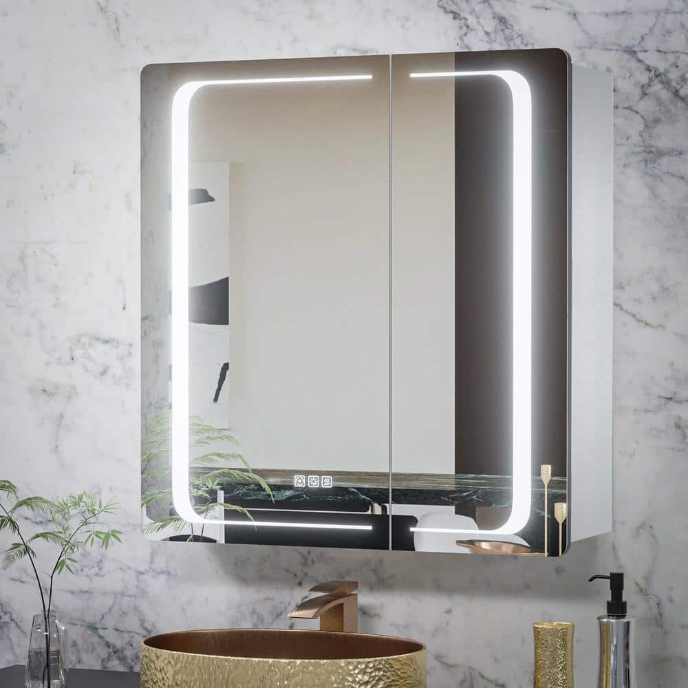 ExBrite Vogue 30 in. W x 32 in. H, Rectangular Silver Aluminum Recessed/Surface Mount Dimmable Medicine Cabinet with Mirror LED