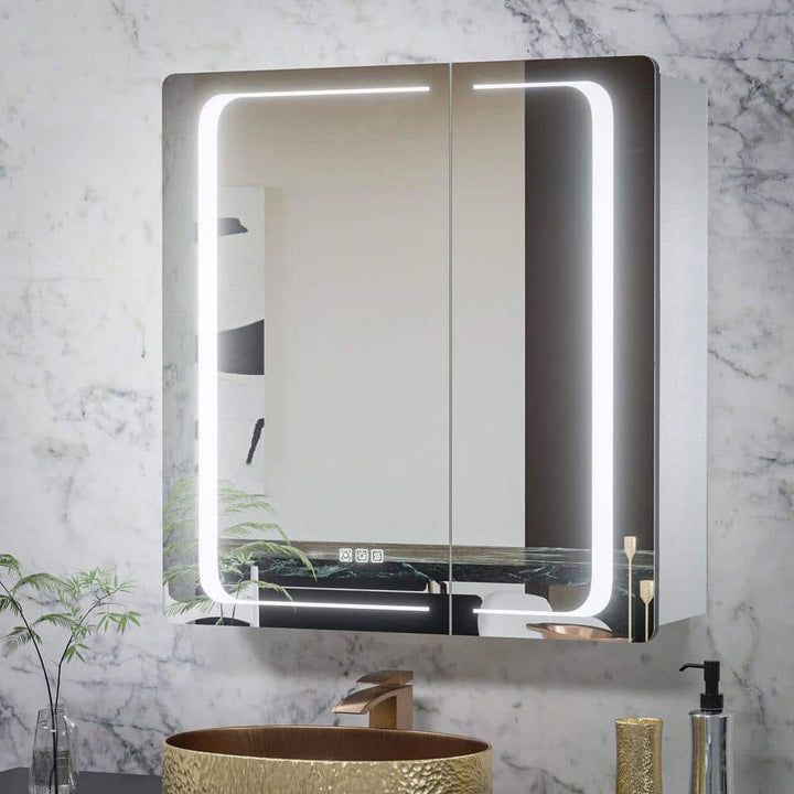 ExBrite Vogue 30 in. W x 32 in. H, Rectangular Silver Aluminum Recessed/Surface Mount Dimmable Medicine Cabinet with Mirror LED