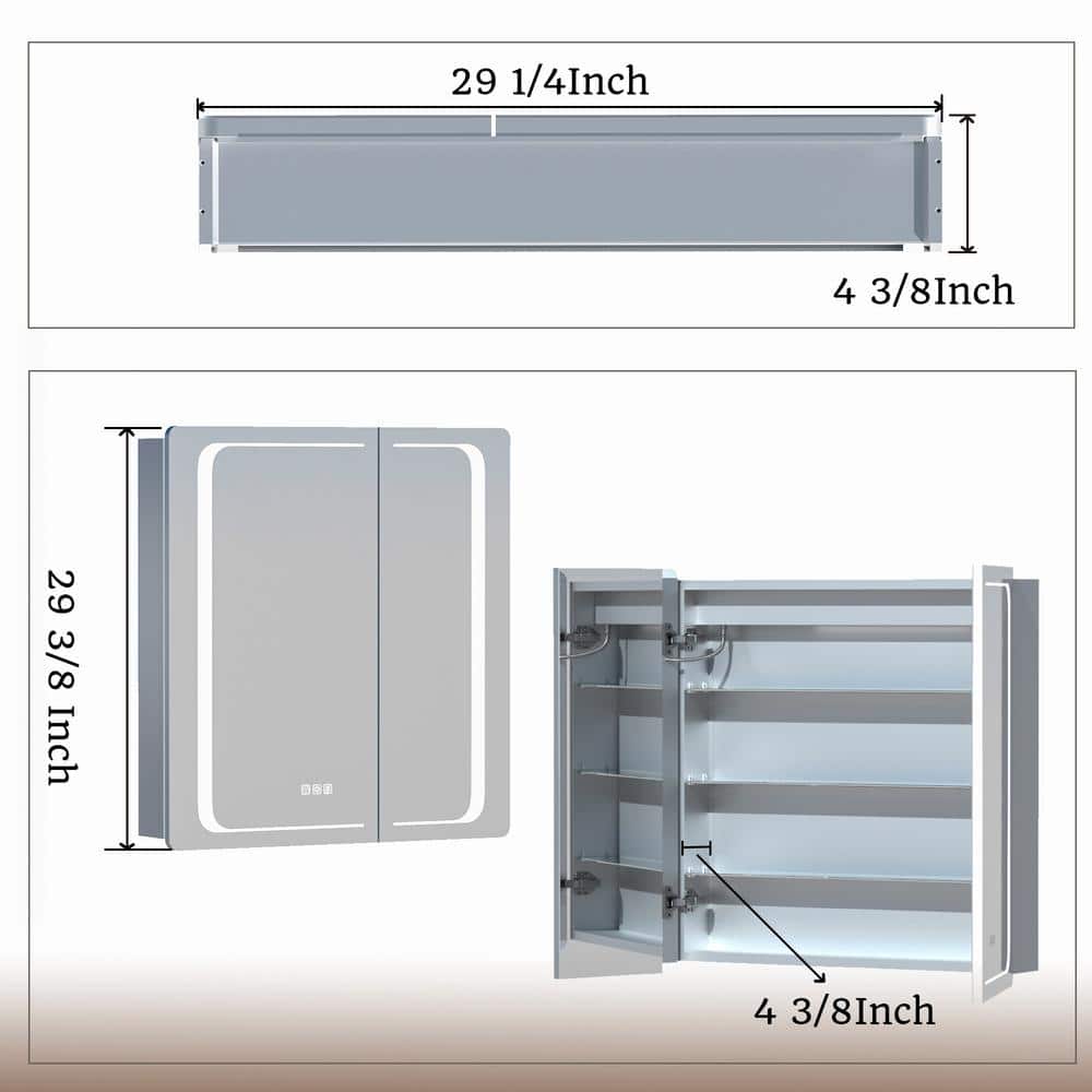 ExBrite Vogue 30 in. W x 32 in. H, Rectangular Silver Aluminum Recessed/Surface Mount Dimmable Medicine Cabinet with Mirror LED