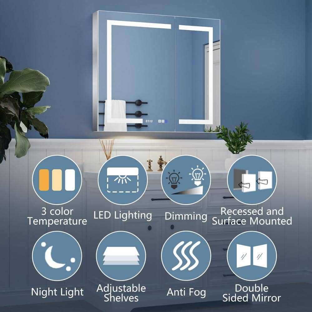 ExBrite 36 in. W x 32 in. H Rectangular Silver Aluminum Recessed/Surface Mount Medicine Cabinet with Mirror, LED and Clock
