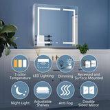 ExBrite 36 in. W x 32 in. H Rectangular Silver Aluminum Recessed/Surface Mount Medicine Cabinet with Mirror, LED and Clock