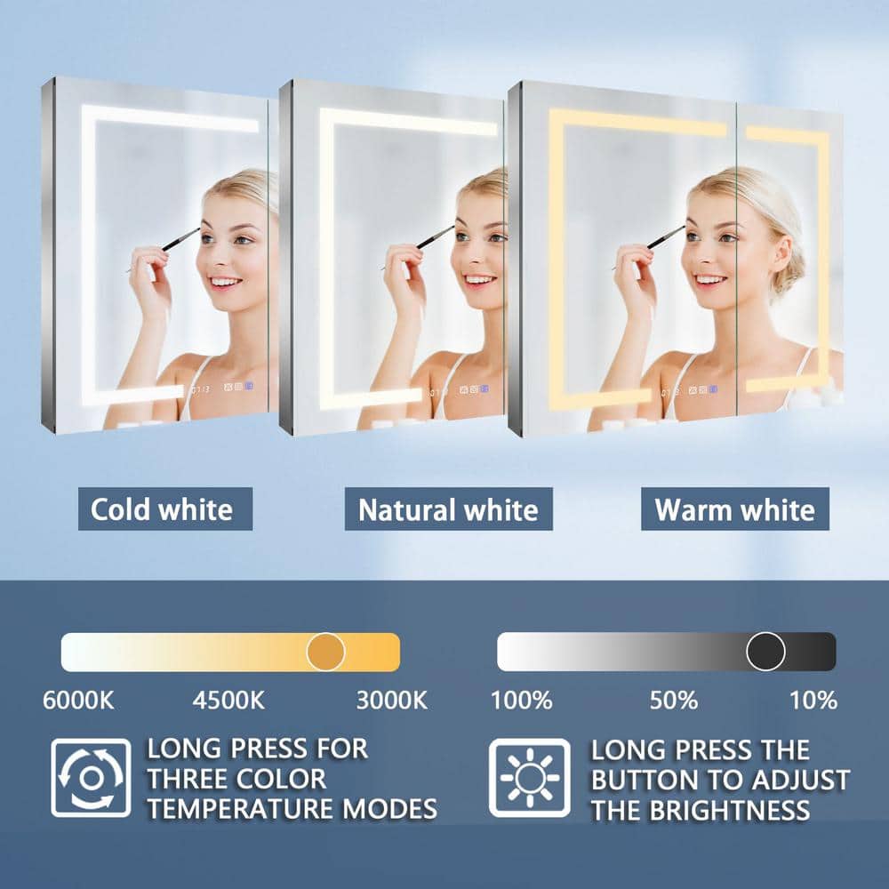 ExBrite 36 in. W x 32 in. H Rectangular Silver Aluminum Recessed/Surface Mount Medicine Cabinet with Mirror, LED and Clock