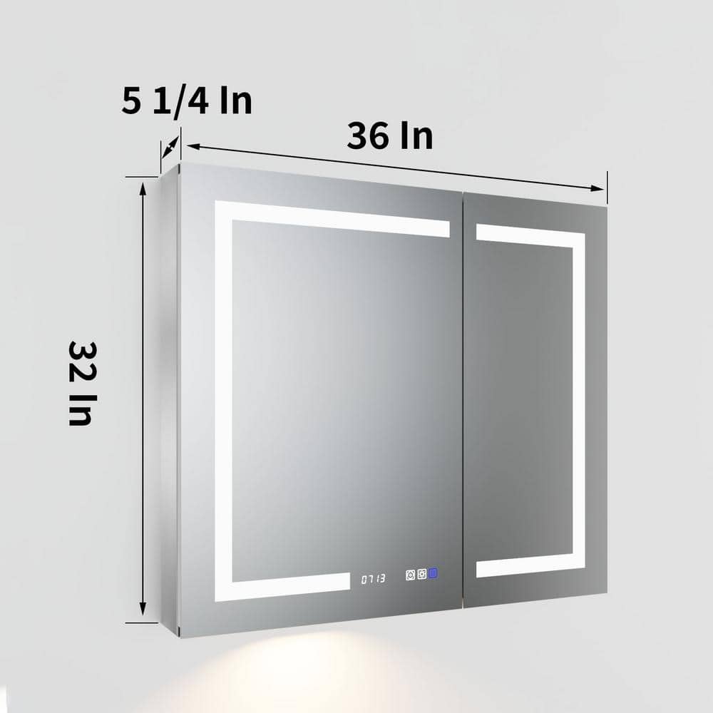 ExBrite 36 in. W x 32 in. H Rectangular Silver Aluminum Recessed/Surface Mount Medicine Cabinet with Mirror, LED and Clock