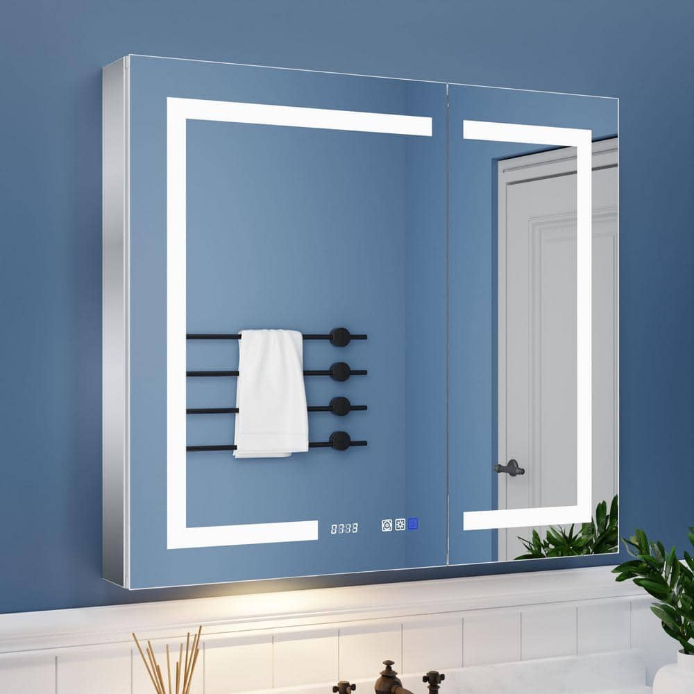 ExBrite 36 in. W x 32 in. H Rectangular Silver Aluminum Recessed/Surface Mount Medicine Cabinet with Mirror, LED and Clock