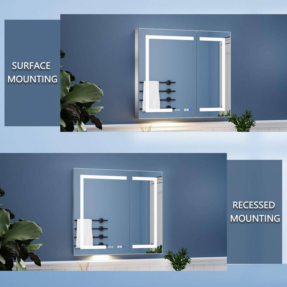ExBrite 36 in. W x 32 in. H Rectangular Silver Aluminum Recessed/Surface Mount Medicine Cabinet with Mirror, LED and Clock