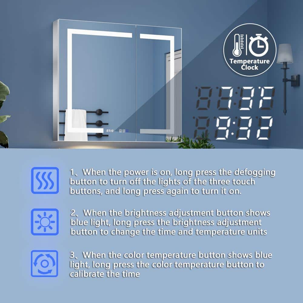 ExBrite 36 in. W x 32 in. H Rectangular Silver Aluminum Recessed/Surface Mount Medicine Cabinet with Mirror, LED and Clock