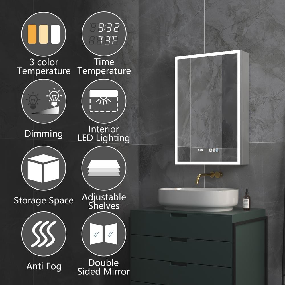 ExBrite 20 in. W x 30 in. H Rectangular Silver Aluminum Recessed/Surface Mount Right Medicine Cabinet with Mirror, LED and Clock