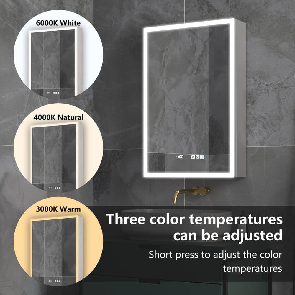 ExBrite 20 in. W x 30 in. H Rectangular Silver Aluminum Recessed/Surface Mount Right Medicine Cabinet with Mirror, LED and Clock