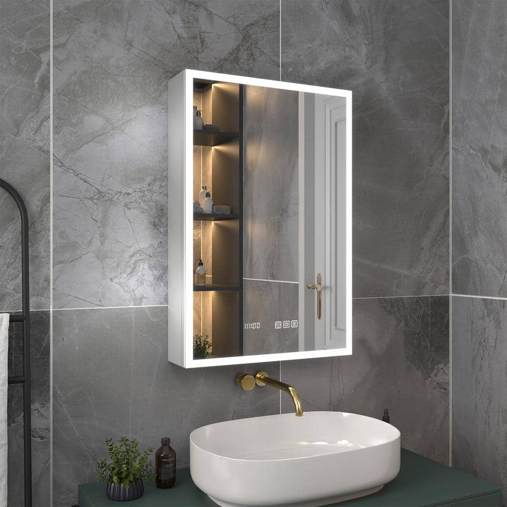 ExBrite 20 in. W x 30 in. H Rectangular Silver Aluminum Recessed/Surface Mount Right Medicine Cabinet with Mirror, LED and Clock