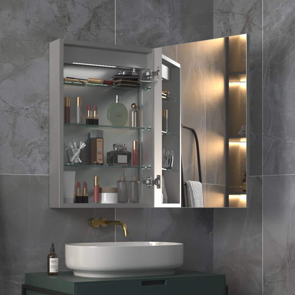 ExBrite 20 in. W x 30 in. H Rectangular Silver Aluminum Recessed/Surface Mount Right Medicine Cabinet with Mirror, LED and Clock