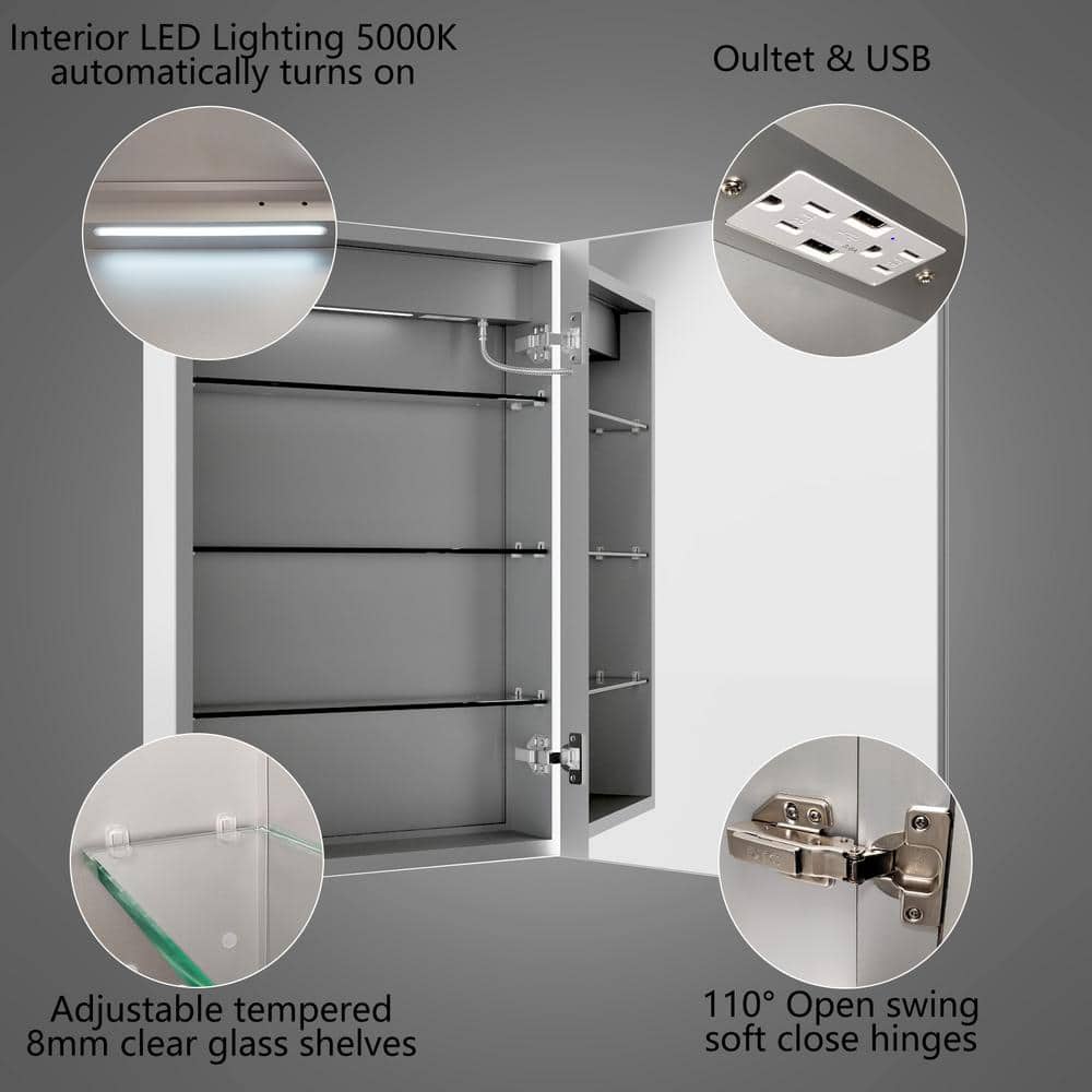 ExBrite 20 in. W x 30 in. H Rectangular Silver Aluminum Recessed/Surface Mount Right Medicine Cabinet with Mirror, LED and Clock