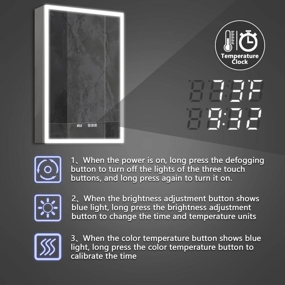 ExBrite 20 in. W x 30 in. H Rectangular Silver Aluminum Recessed/Surface Mount Right Medicine Cabinet with Mirror, LED and Clock