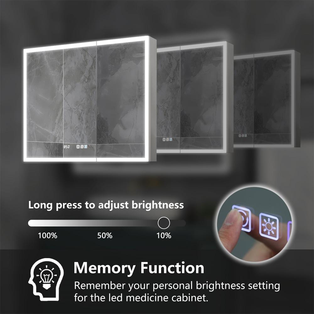 ExBrite 36 in. W x 30 in. H Rectangular Silver Aluminum Recessed/Surface Mount Medicine Cabinet with Mirror, LED and Clock