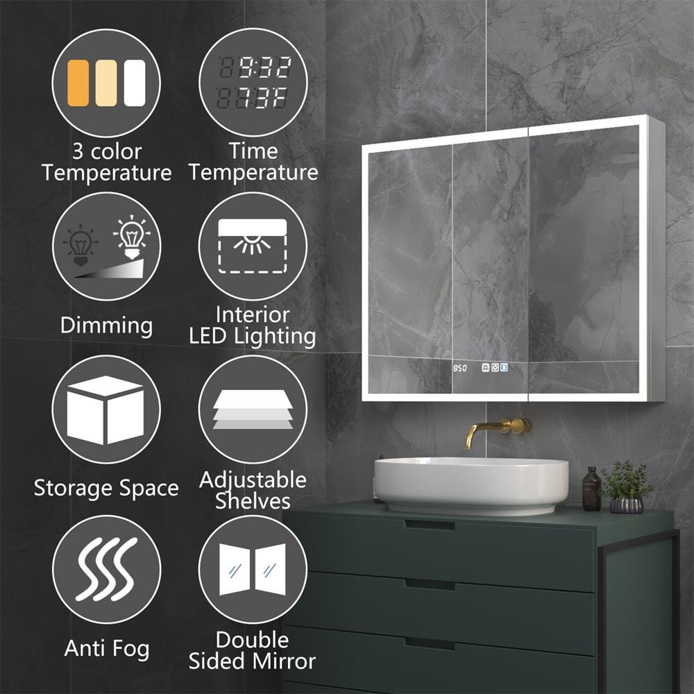 ExBrite 36 in. W x 30 in. H Rectangular Silver Aluminum Recessed/Surface Mount Medicine Cabinet with Mirror, LED and Clock