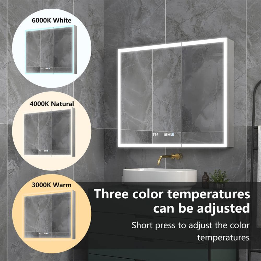 ExBrite 36 in. W x 30 in. H Rectangular Silver Aluminum Recessed/Surface Mount Medicine Cabinet with Mirror, LED and Clock