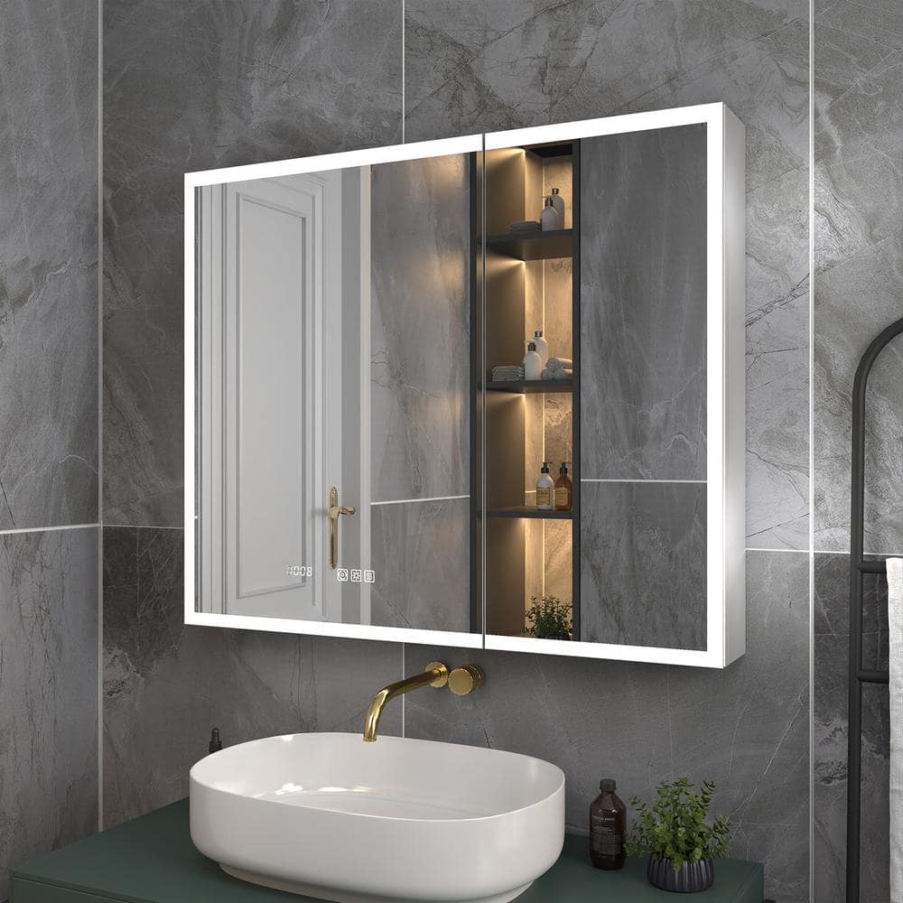 ExBrite 36 in. W x 30 in. H Rectangular Silver Aluminum Recessed/Surface Mount Medicine Cabinet with Mirror, LED and Clock