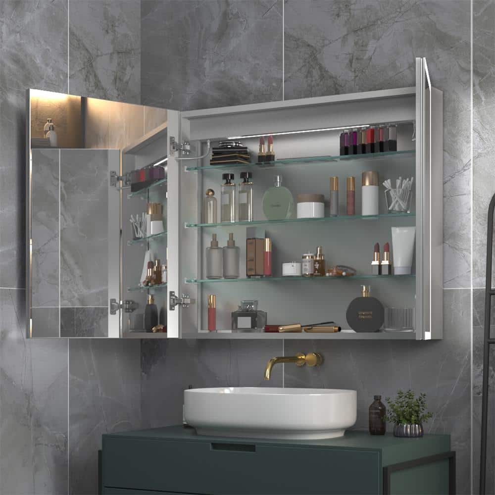 ExBrite 36 in. W x 30 in. H Rectangular Silver Aluminum Recessed/Surface Mount Medicine Cabinet with Mirror, LED and Clock