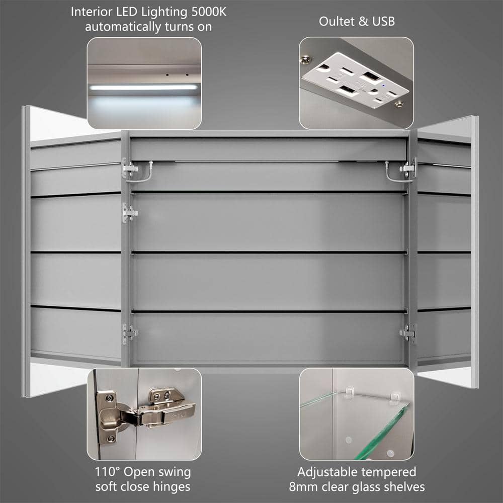 ExBrite 36 in. W x 30 in. H Rectangular Silver Aluminum Recessed/Surface Mount Medicine Cabinet with Mirror, LED and Clock