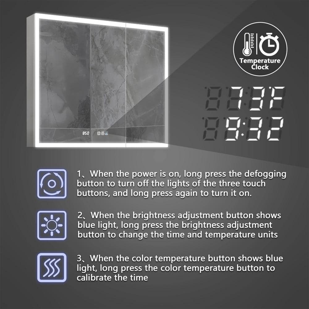 ExBrite 36 in. W x 30 in. H Rectangular Silver Aluminum Recessed/Surface Mount Medicine Cabinet with Mirror, LED and Clock