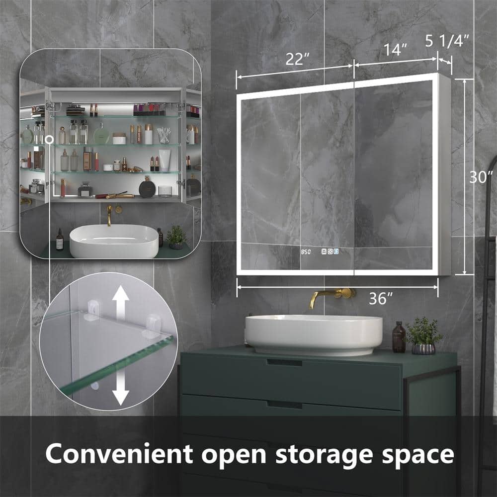 ExBrite 36 in. W x 30 in. H Rectangular Silver Aluminum Recessed/Surface Mount Medicine Cabinet with Mirror, LED and Clock