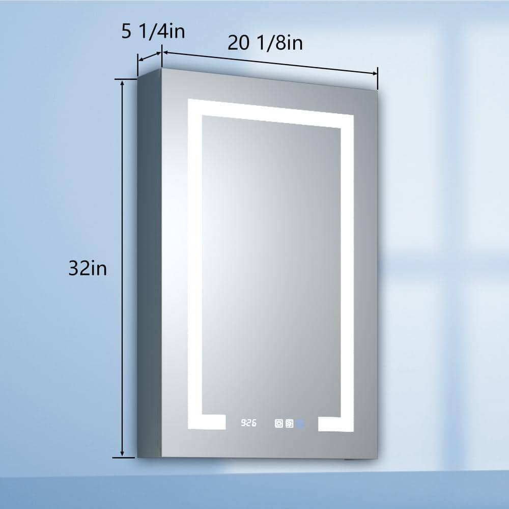 ExBrite 20 in. W x 32 in. H Rectangular Silver Aluminum Recessed/Surface Mount Left Dimmable Medicine Cabinet with Mirror
