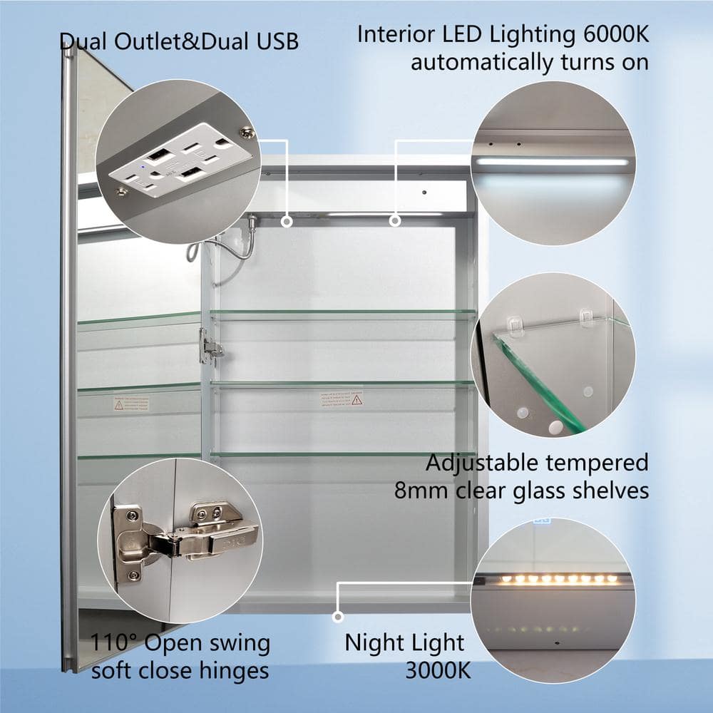 ExBrite 20 in. W x 32 in. H Rectangular Silver Aluminum Recessed/Surface Mount Left Dimmable Medicine Cabinet with Mirror