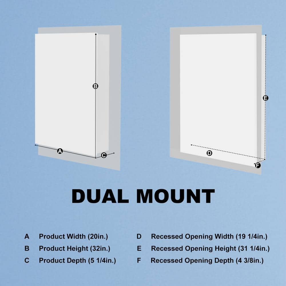 ExBrite 20 in. W x 32 in. H Rectangular Silver Aluminum Recessed/Surface Mount Left Dimmable Medicine Cabinet with Mirror